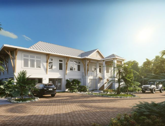 A sunny tropical home with palm trees, a two-story house, and parked cars along a brick driveway, bright and welcoming.