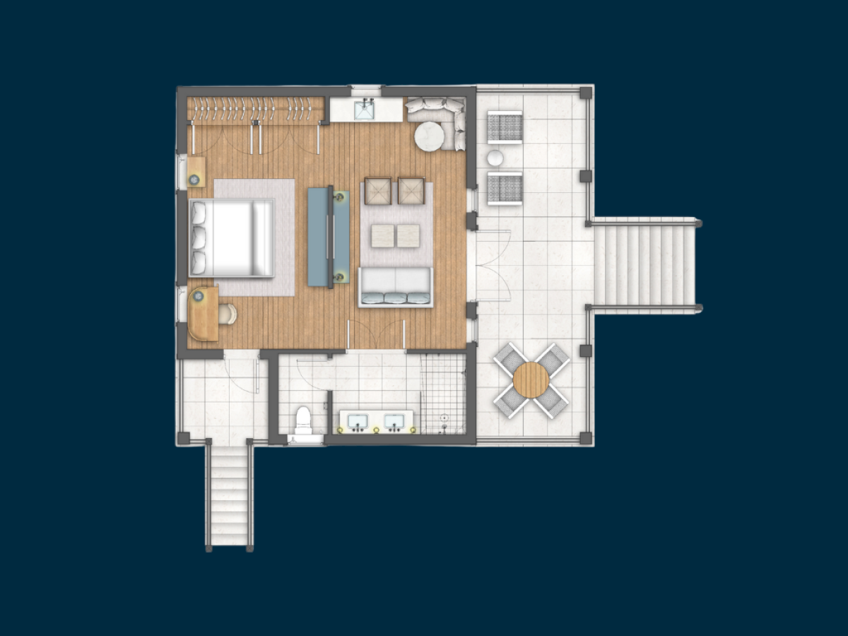 A top-down floor plan of a small apartment: a bedroom with bed and wardrobe, a living area with sofa, a kitchen, a bathroom, and a balcony/patio area, all arranged on a light tiled and wood-floored layout.