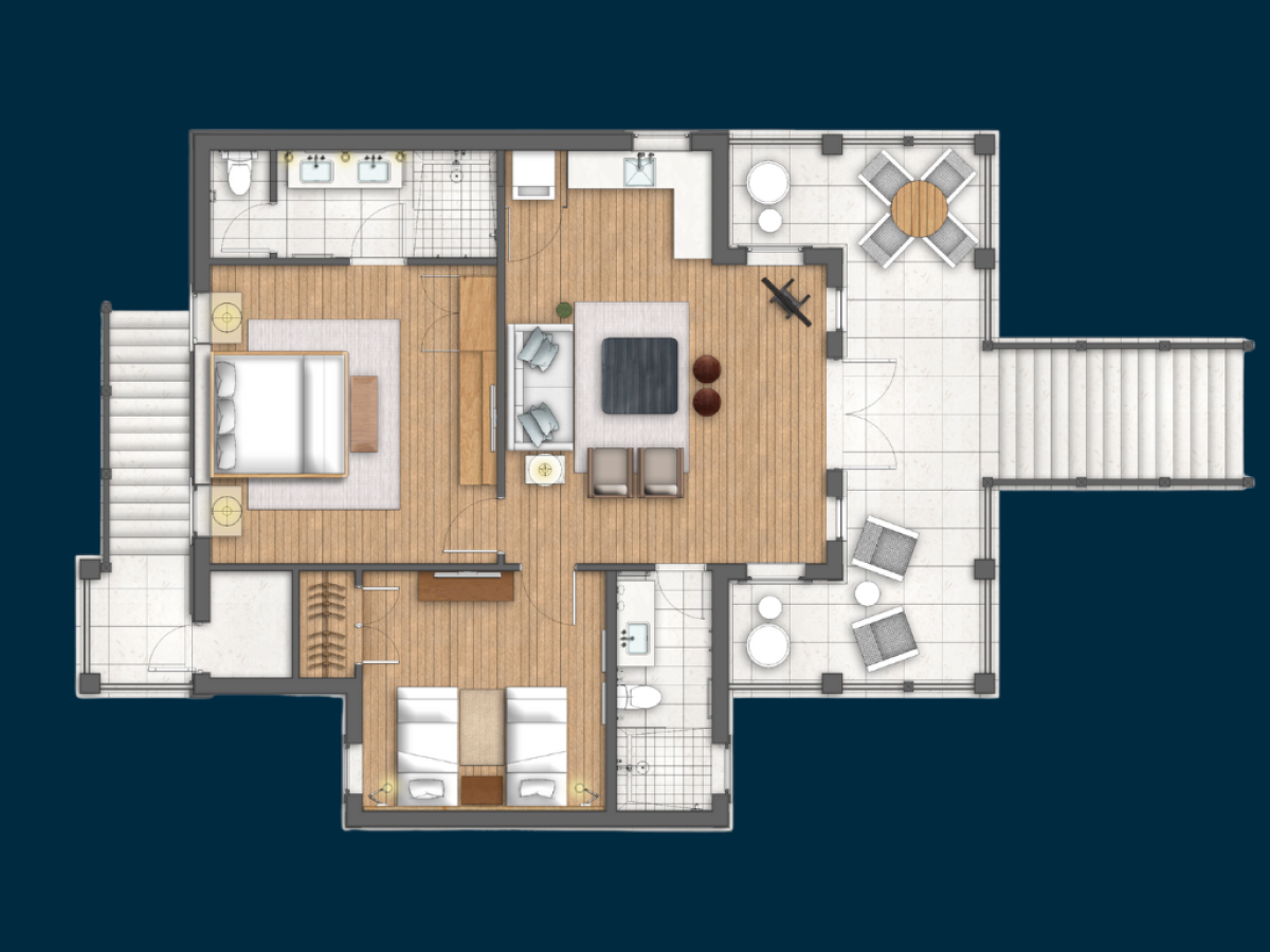 A floor plan of a modern apartment: central living room with sofa and plants, adjacent kitchen, two bedrooms, a bathroom, and a balcony/terrace area.