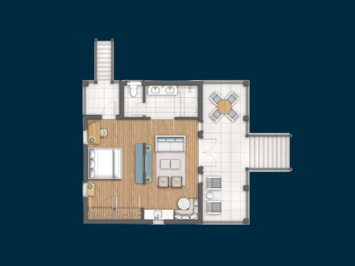 A small apartment floor plan with a living area, bedroom, kitchen, bathroom, and a balcony or porch area, all laid out on a dark blue backdrop.